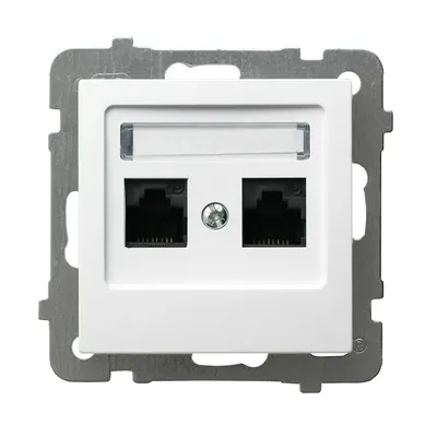 Gniazdo komputerowe podwójne RJ45, kat.5e Biały As marki Ospel z dwoma portami sieciowymi i miejscem na opis.