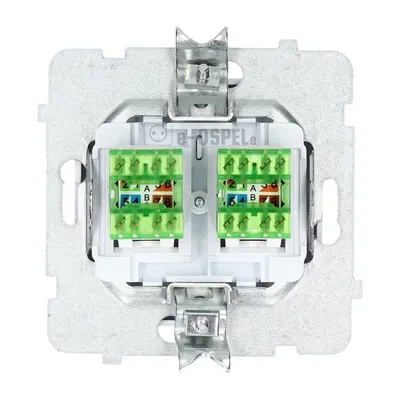 Gniazdo komputerowe podwójne RJ45, kat. 5e, białe, marki Ospel, z zielonymi złączami do instalacji.