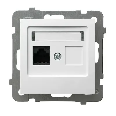 Gniazdo komputerowe pojedyncze RJ45, kat. 5e, białe, marki Ospel. Gniazdo posiada jeden port RJ45 i miejsce na dodatkowy moduł.