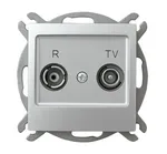 Srebrne gniazdo antenowe RTV przelotowe Ospel Impresja z dwoma wejściami: R i TV. Przeznaczone do instalacji antenowych.