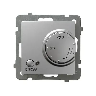 Srebrny regulator temperatury Ospel RTP-1G/m/18 z pokrętłem regulacji od 5°C do 40°C i przyciskiem ON/OFF.