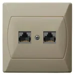 Beżowe podwójne gniazdo komputerowe RJ45 kategorii 5e marki Ospel, model GPK-2A/K/01, z widocznymi dwoma portami.