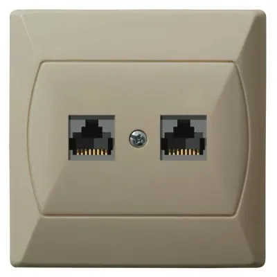 Beżowe podwójne gniazdo komputerowe RJ45 kategorii 5e marki Ospel, model GPK-2A/K/01, z widocznymi dwoma portami.