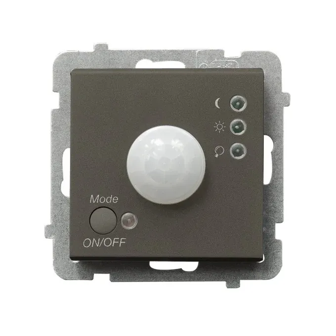 Elektroniczny czujnik ruchu Ospel Sonata w kolorze czekoladowego metaliku, model ŁP-16R/m/40, z przyciskiem ON/OFF i regulacją trybu.