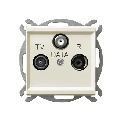 Gniazdo antenowe RTV-DATA Ecru Sonata marki Ospel z wejściami TV, DATA i R, na białym tle.