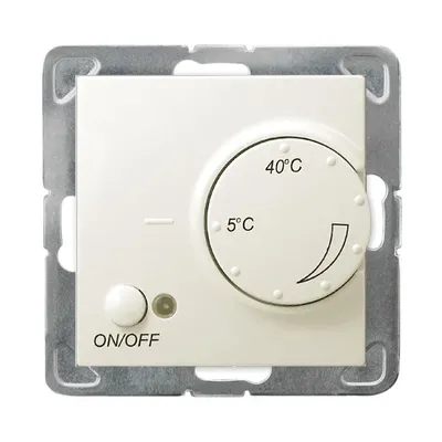 Regulator temperatury Ospel Impresja RTP-1Y/m/27 w kolorze ecru, z pokrętłem regulacji od 5°C do 40°C i przyciskiem ON/OFF.