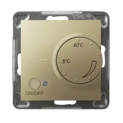 Regulator temperatury Ospel RTP-1Y/m/28 z czujnikiem podłogowym, złoty metalik, zakres 5-40°C, z pokrętłem i przyciskiem ON/OFF.