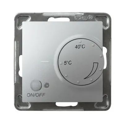 Srebrny regulator temperatury Ospel RTP-1Y/m/18 z pokrętłem regulacji od 5°C do 40°C i przyciskiem ON/OFF.