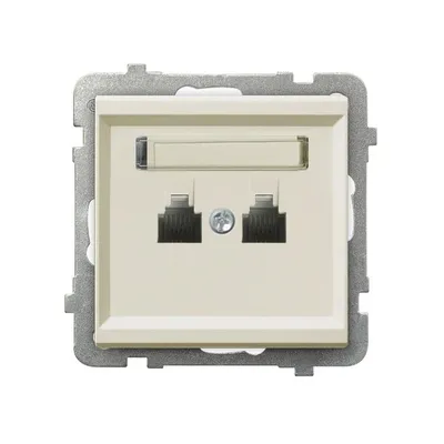 Gniazdo telefoniczne podwójne równoległe Ospel Sonata GPT-2RR/m/27 w kolorze ecru, z dwoma portami RJ11 i miejscem na opis.
