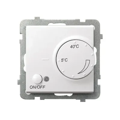 Regulator temperatury Ospel Sonata RTP-1R/m/00 z pokrętłem regulacji od 5°C do 40°C i przyciskiem ON/OFF, biały połysk.