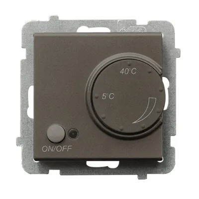 Regulator temperatury Ospel Sonata RTP-1R/m/40 z czujnikiem podłogowym, w kolorze czekoladowy metalik, z pokrętłem regulacji i przyciskiem ON/OFF.