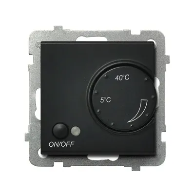 Regulator temperatury Ospel Sonata RTP-1RN/m/33 czarny matowy z pokrętłem regulacji od 5°C do 40°C i przyciskiem ON/OFF.