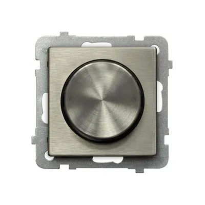 Ściemniacz przyciskowo-obrotowy Ospel Sonata Nowe Srebro ŁP-8RM/m/44 z metaliczną tarczą i czarną ramką.