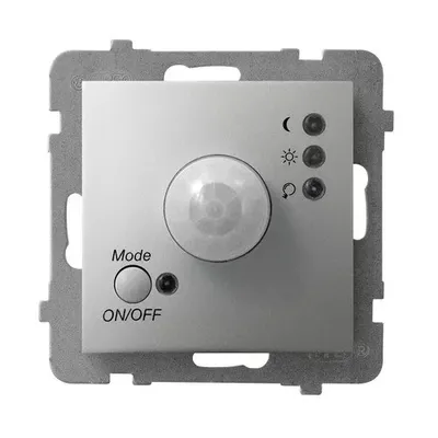 Elektroniczny czujnik ruchu Ospel Aria ŁP-16U/m/18 w kolorze srebrnym, z pokrętłem trybu i przyciskiem ON/OFF.