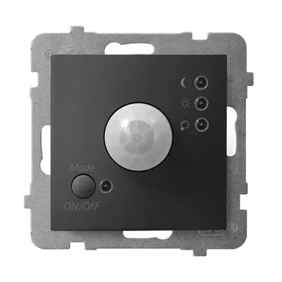 Elektroniczny czujnik ruchu Ospel Aria w kolorze czarny matowy, model ŁP-16U/m/33, z przyciskiem Mode i ON/OFF.
