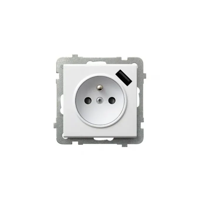 Gniazdo elektryczne pojedyncze Ospel Sonata z ładowarką USB typu A, białe, na jednolitym tle.