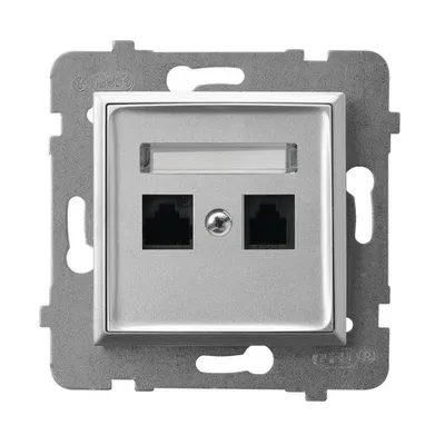 Gniazdo komputerowe podwójne RJ45, kat.5e Srebrny Aria Ospel GPK-2U/K/m/18 z dwoma portami sieciowymi.