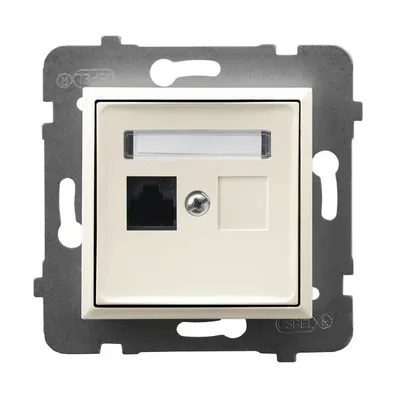 Gniazdo komputerowe pojedyncze RJ45, kat.5e Ecru Aria Ospel z ramką montażową.