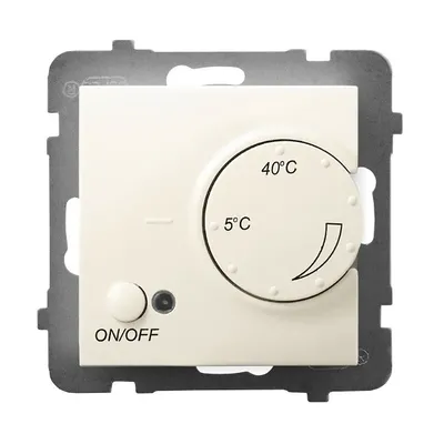 Regulator temperatury Ospel Aria RTP-1U/m/27 z pokrętłem regulacji od 5°C do 40°C i przyciskiem ON/OFF.