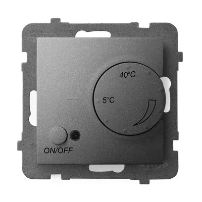Regulator temperatury z czujnikiem podpodłogowym Ospel Aria RTP-1U/m/70, szary mat, z pokrętłem regulacji temperatury od 5°C do 40°C i przyciskiem ON/OFF.