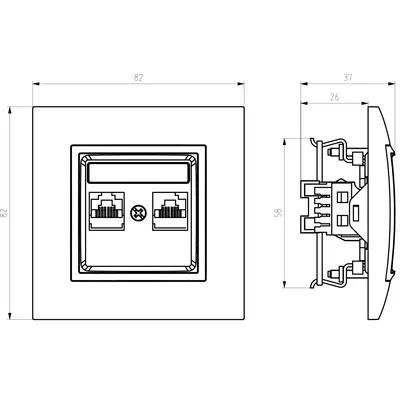 Schemat techniczny gniazda komputerowego Ospel Aria GPK-1U/K/m/70 RJ45 kat.5e szary mat z wymiarami.