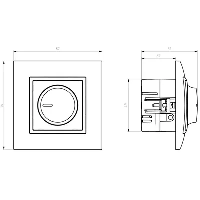 Schemat techniczny ściemniacza uniwersalnego do LED Ospel Aria, kolor szary mat, z podanymi wymiarami: 82x79 mm (przód) i 52x67 mm (profil).