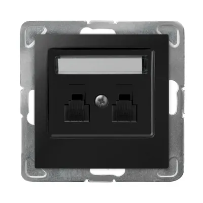 Gniazdo telefoniczne podwójne niezależne Ospel Impresja w kolorze czarny mat, z dwoma portami RJ45 i miejscem na opis.