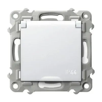 Gniazdo bryzgoszczelne IP-44 Ospel Szafir GPH-1ZZ/m/00/w z białą klapką, produkt na jednolitym tle.