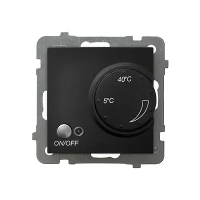 Regulator temperatury Ospel RTP-1G/m/33 z czujnikiem podłogowym, czarny matowy, z pokrętłem regulacji od 5°C do 40°C i przyciskiem ON/OFF.