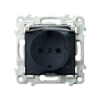 Gniazdo bryzgoszczelne z uziemieniem Schuko i przesłonami IP-44 Kaszmirowy beż, klapka dymna Ospel Szafir - GPH-1ZSP/m/83/d