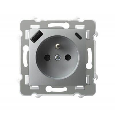 Gniazdo pojedyncze z ładowarką USB typu A+C Srebrny Ospel Szafir - GP-1ZZPUSBAC/m/18