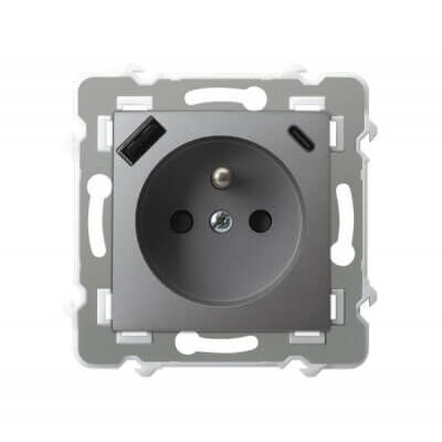 Gniazdo pojedyncze z ładowarką USB typu A+C Szary mat Ospel Szafir - GP-1ZZPUSBAC/m/70