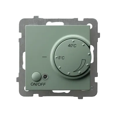 Regulator temperatury z czujnikiem napowietrznym Ospel RTP-1GN/m/84, zielony mat, z pokrętłem regulacji temperatury od 5°C do 40°C i przyciskiem ON/OFF.
