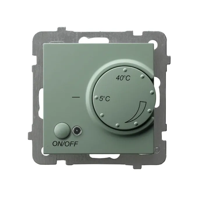 Regulator temperatury z czujnikiem napowietrznym Ospel RTP-1GN/m/84, zielony mat, z pokrętłem regulacji temperatury od 5°C do 40°C i przyciskiem ON/OFF.