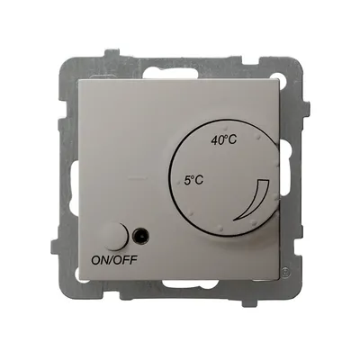 Regulator temperatury z czujnikiem podpodłogowym Ospel Kaszmir As RTP-1G/m/82, biały, z pokrętłem regulacji od 5°C do 40°C i przyciskiem ON/OFF.