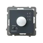 Elektroniczny czujnik ruchu Ospel Sonata w kolorze szary grafit, z pokrętłem i przyciskiem ON/OFF, na białym tle.