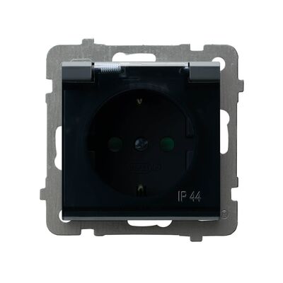Gniazdo bryzgoszczelne z uziemieniem Schuko i przesłonami IP-44 Szary grafit, klapka dymna - GPH-1RSP/m/73/d Sonata