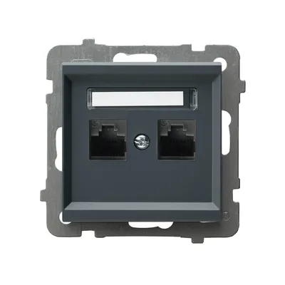 Gniazdo komputerowe podwójne RJ45, kat.5e, kolor szary grafit, seria Sonata Ospel. Widoczne dwa porty RJ45 i miejsce na opis.