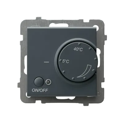 Szary regulator temperatury Ospel Sonata RTP-1R/m/73 z pokrętłem regulacji od 5°C do 40°C i przyciskiem ON/OFF.