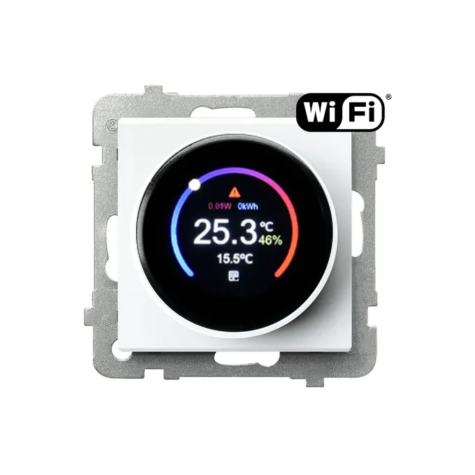 Regulator temperatury Wi-Fi Ospel Sonata RTE-1R/m/00 z wyświetlaczem, biały połysk, pokazujący 25.3°C i 46% wilgotności.