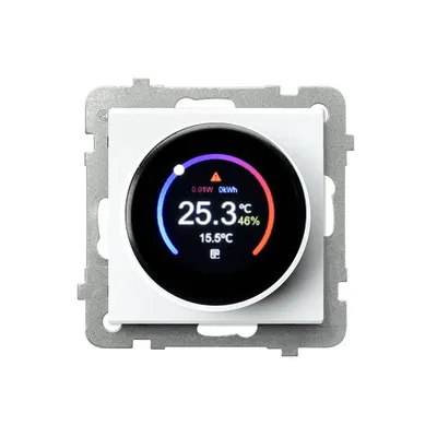 Regulator temperatury Wi-Fi Ospel Sonata RTE-1R/m/00 z wyświetlaczem, biały połysk, pokazuje 25.3°C i 46% wilgotności.
