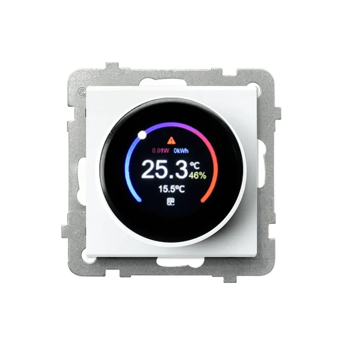 Regulator temperatury Wi-Fi Ospel Sonata RTE-1R/m/00 z wyświetlaczem, biały połysk, pokazuje 25.3°C i 46% wilgotności.