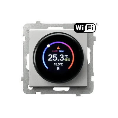 Regulator temperatury Wi-Fi Ospel Sonata RTE-1R/m/38 w kolorze srebrnym matowym, z okrągłym wyświetlaczem pokazującym temperaturę 25.3°C i wilgotność 46%.