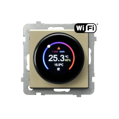 Regulator temperatury Wi-Fi Ospel Sonata RTE-1R/m/39 w kolorze szampańskiego złota z okrągłym wyświetlaczem pokazującym aktualną temperaturę i wilgotność.