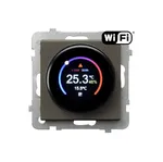 Regulator temperatury Wi-Fi Ospel Sonata RTE-1R/m/40 w kolorze czekoladowego metaliku z cyfrowym wyświetlaczem pokazującym temperaturę 25.3°C i wilgotność 46%.