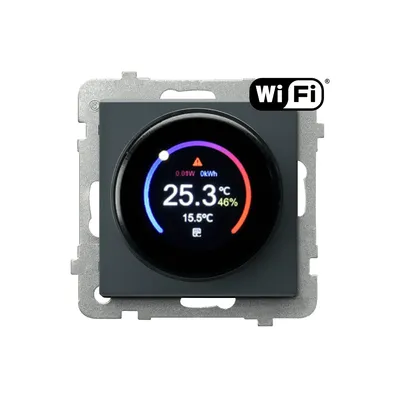 Regulator temperatury Wi-Fi Ospel Sonata RTE-1R/m/73 w kolorze szary grafit z okrągłym wyświetlaczem pokazującym temperaturę 25.3°C i wilgotność 46%.