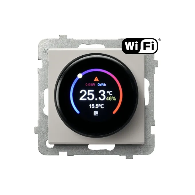 Regulator temperatury Wi-Fi Ospel Sonata RTE-1R/m/82 z wyświetlaczem pokazującym 25.3°C i 46% wilgotności.