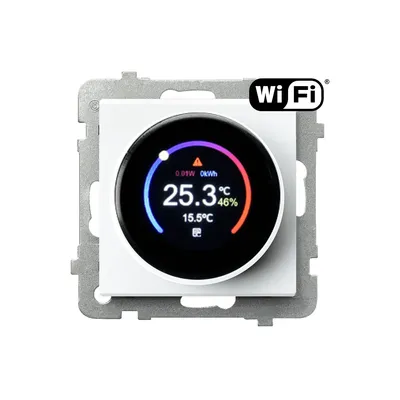Regulator temperatury Wi-Fi z wyświetlaczem Ecru Sonata RTE-1R/m/27 marki Ospel, pokazujący aktualną temperaturę 25.3°C i wilgotność 46%.