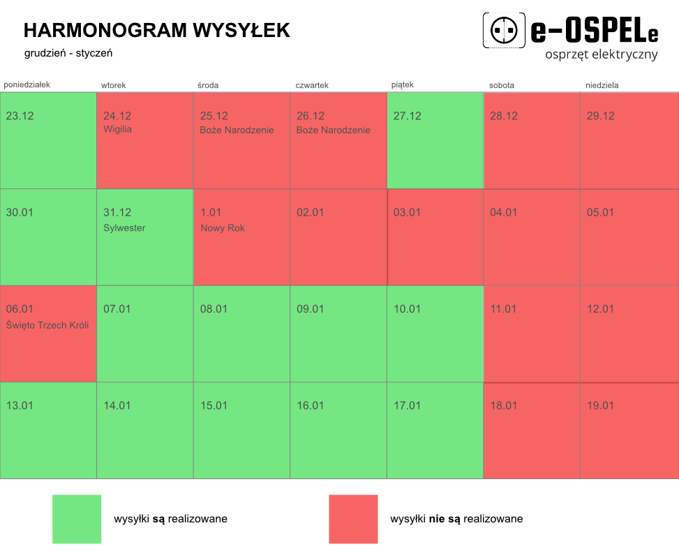 Harmonogram dostaw w okresie świąteczno-noworocznym